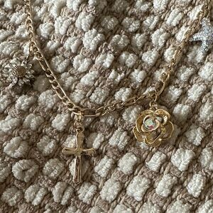 Gold Necklace with Cross and Rose Charms